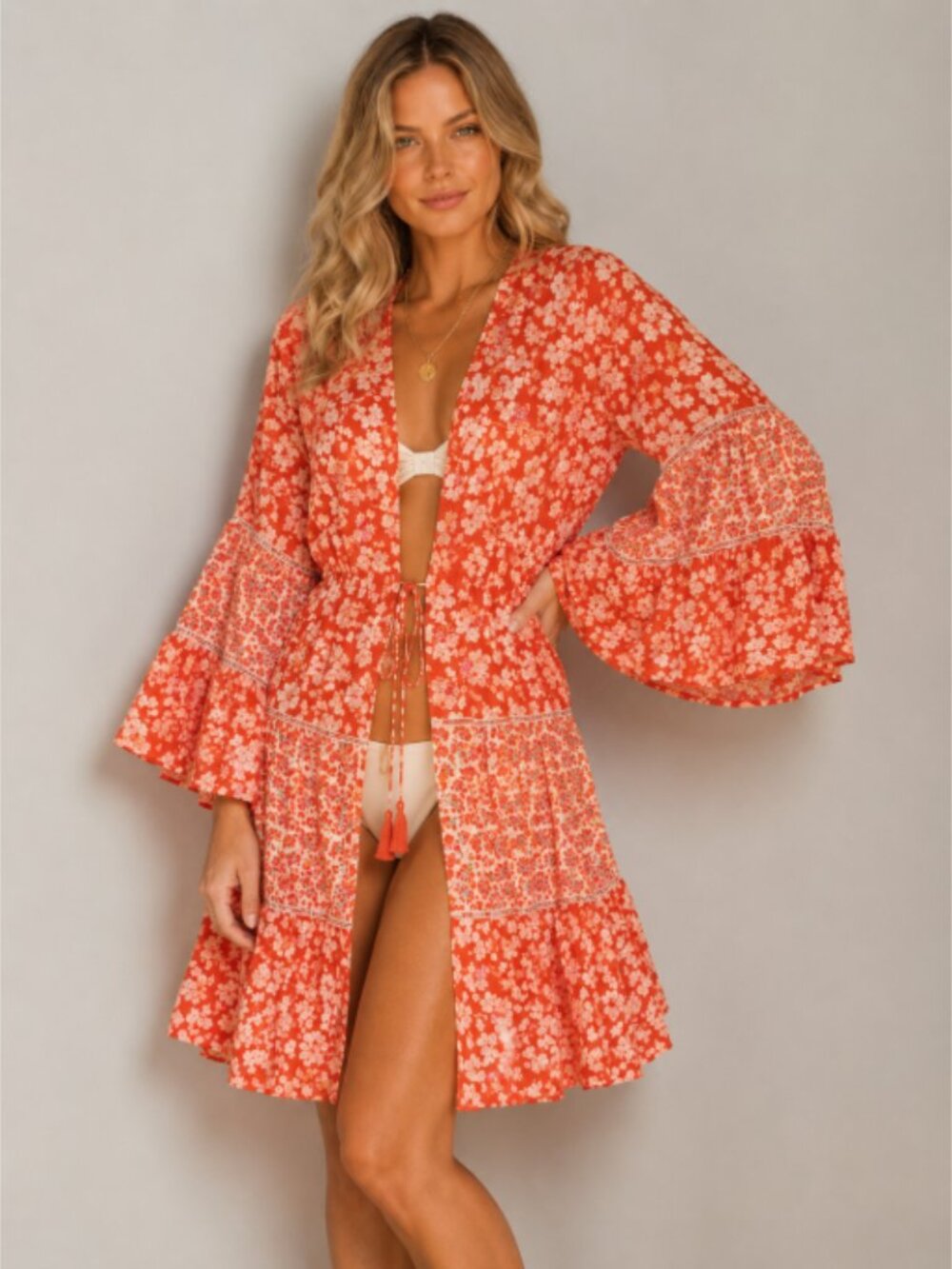 NWT Cosita Linda Floral Bell Sleeve Kimono Cover Up Medium Resortwear - Picture 2 of 8